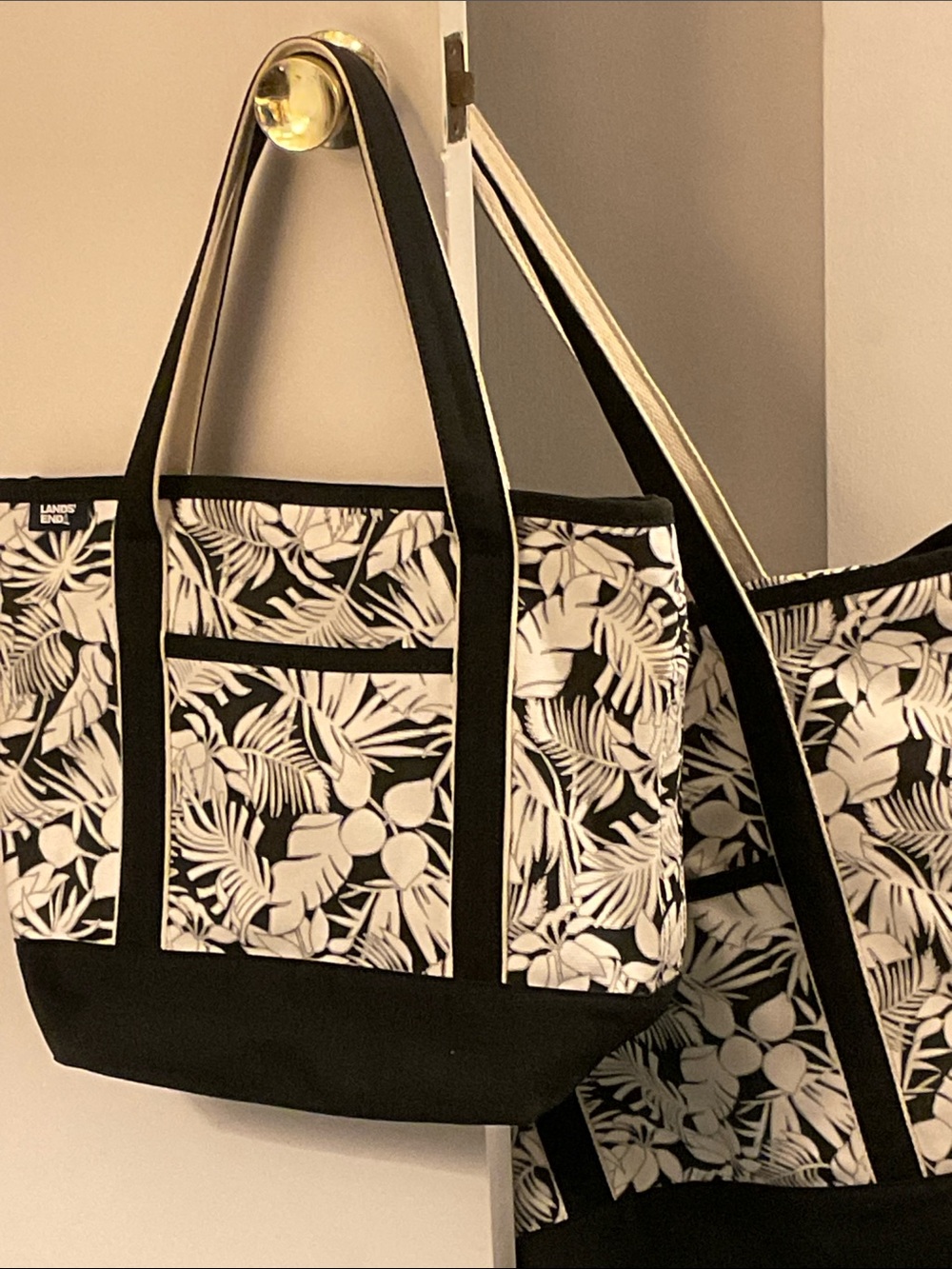 Lands' End Black and White Leaf-Print Canvas Totes